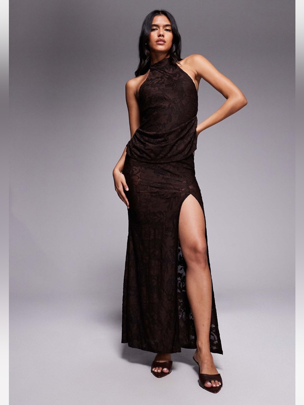 ASOS DESIGN devore lace halterneck maxi dress with ruching in chocolate